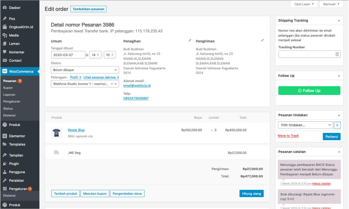 Halaman detail pesanan di WooCommerce