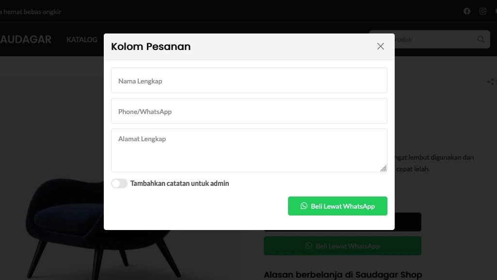 form pemesanan whatsapp Template WordPress Furniture