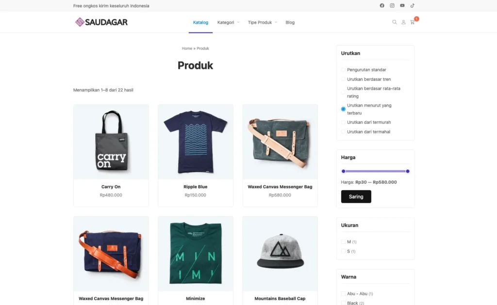 halaman produk Toko Online Fashion WordPress