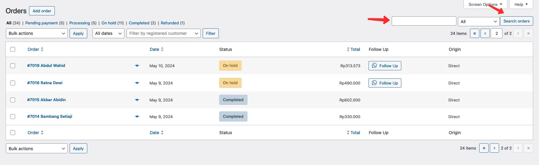 pencarian pesanan di WooCommerce