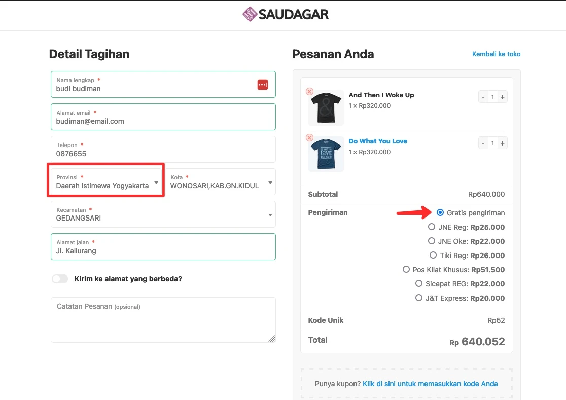 gratis ongkos kirim woocommerce di halaman chekout